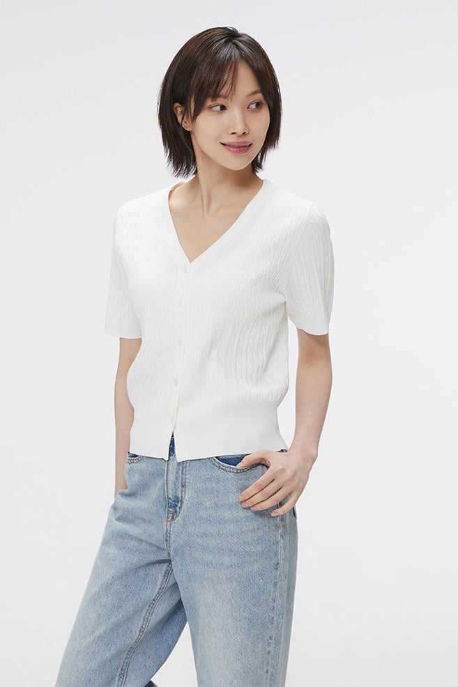 Women Short Sleeve Cable Cardigan