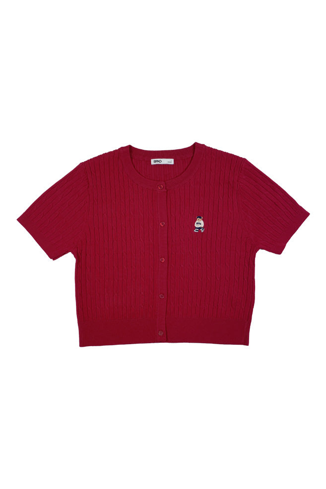 Women Short Sleeve Woodie Cable Knit Crop Cardigan