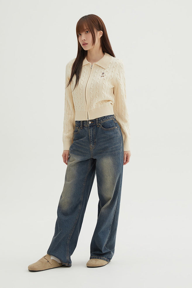 Women Long Sleeve Woodie Zip-Up Collar Cardigan