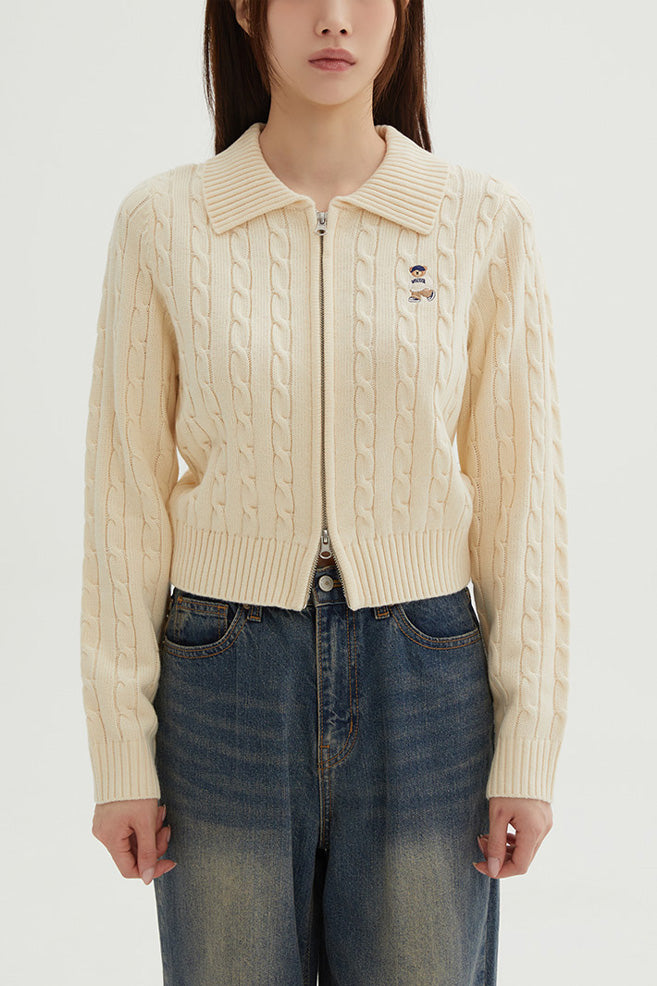 Women Long Sleeve Woodie Zip-Up Collar Cardigan