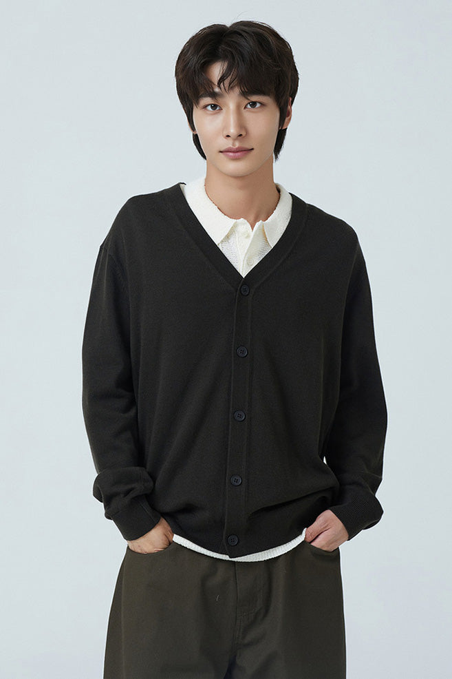 Men Long Sleeve Merino V-Neck Cardigan