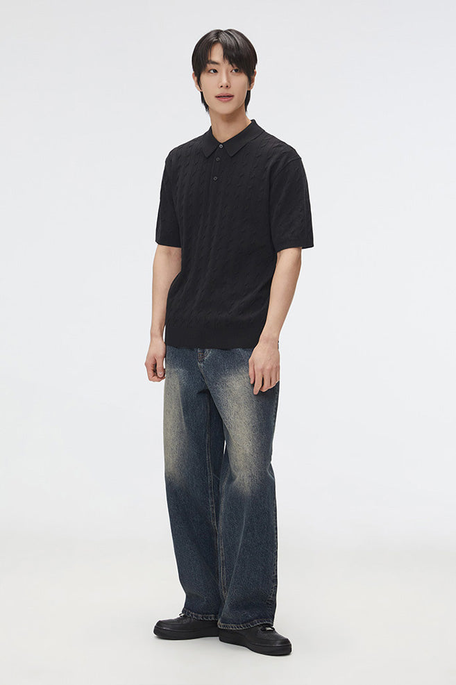 Men Short Sleeve Cable Knit Polo