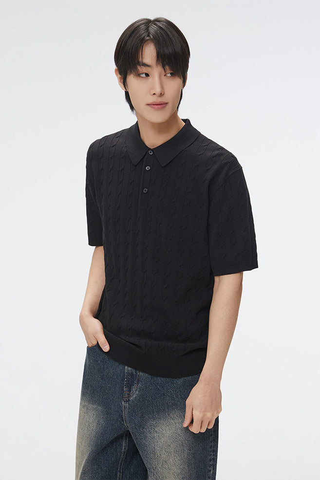 Men Short Sleeve Cable Knit Polo