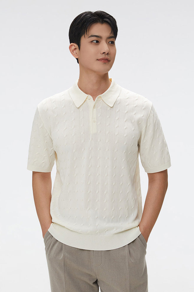 Men Short Sleeve Cable Knit Polo