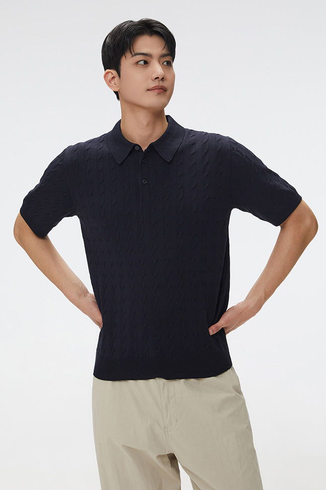 Men Short Sleeve Cable Knit Polo