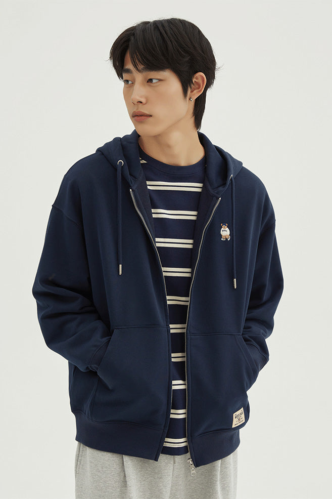 Men Long Sleeve Woodie Embroidery Zip-Up Hoodie