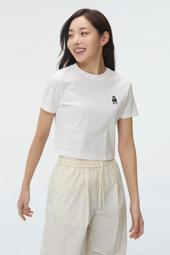 Women Short Sleeve Woodie Embroidered Crop Tee