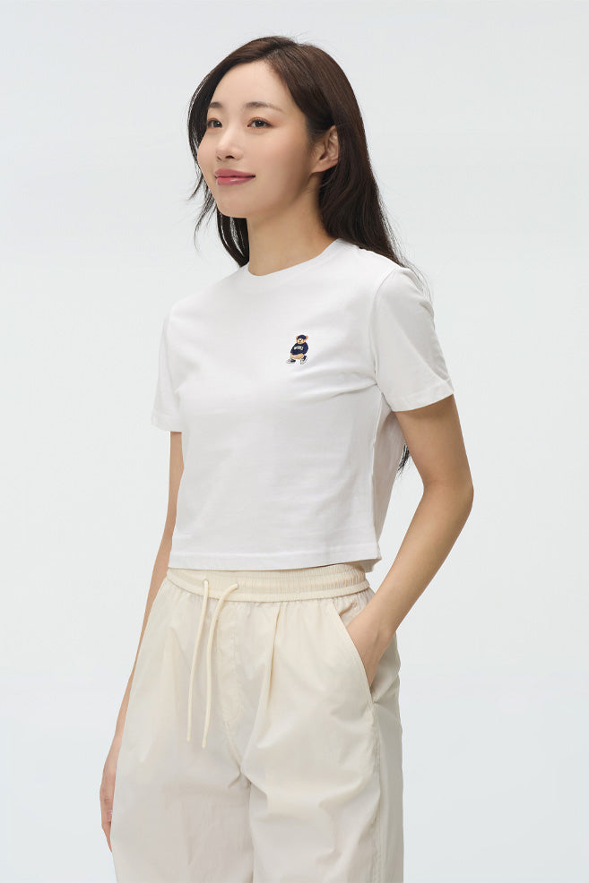 Women Short Sleeve Woodie Embroidered Crop Tee