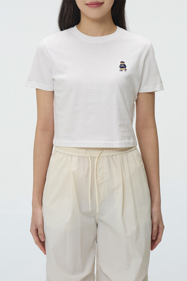 Women Short Sleeve Woodie Embroidered Crop Tee