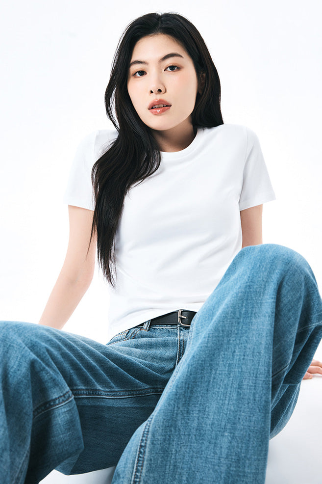 Women Short Sleeve Semi Crop Tee
