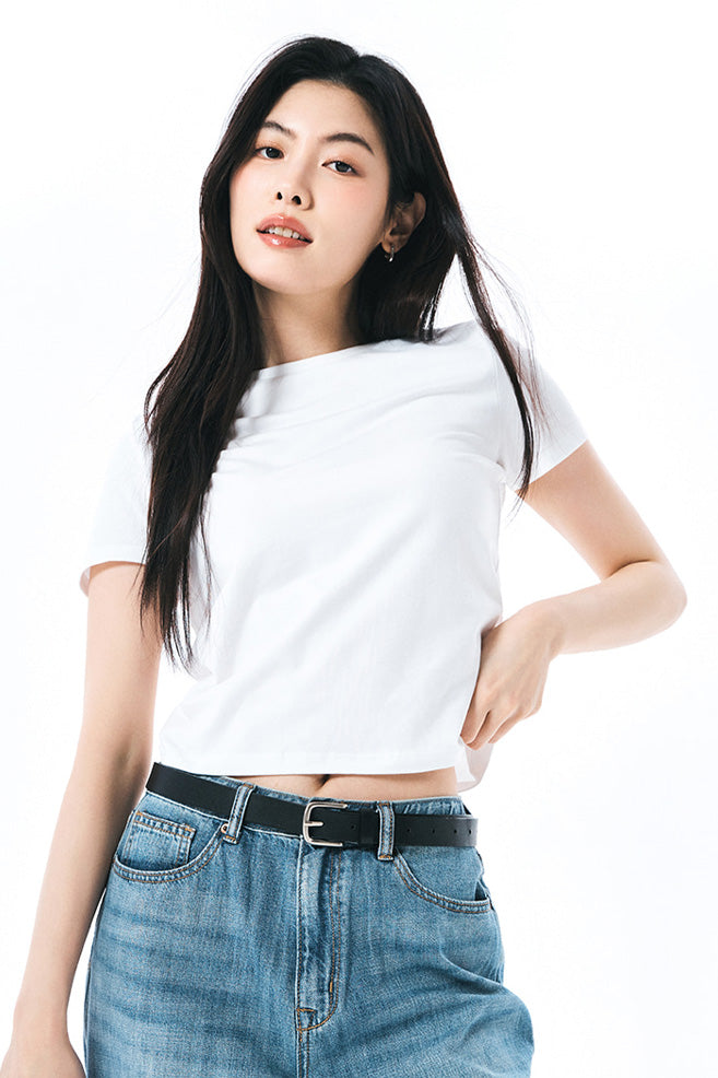 Women Short Sleeve Semi Crop Tee