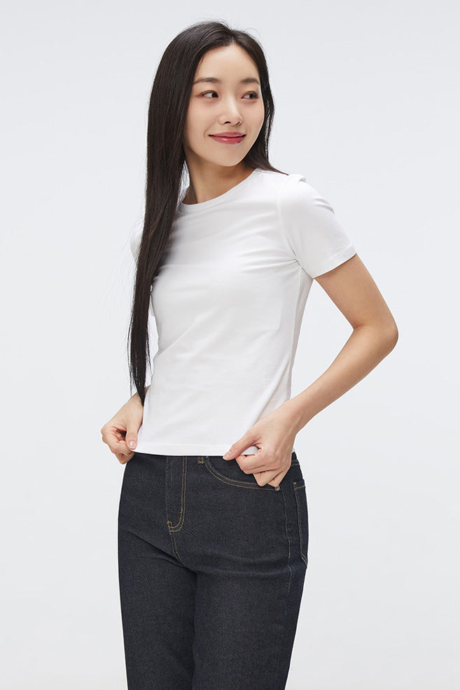 Women Short Sleeve Semi Crop Tee