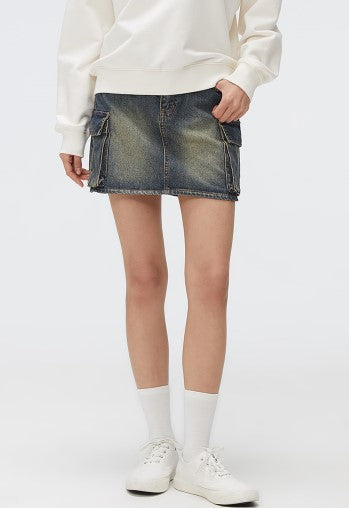 SPAO Women Denim Cargo Mini Skirt SPWJF24G02 Vintage Indigo