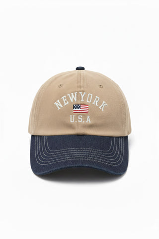 Denim Color Block Ball Cap - Beige