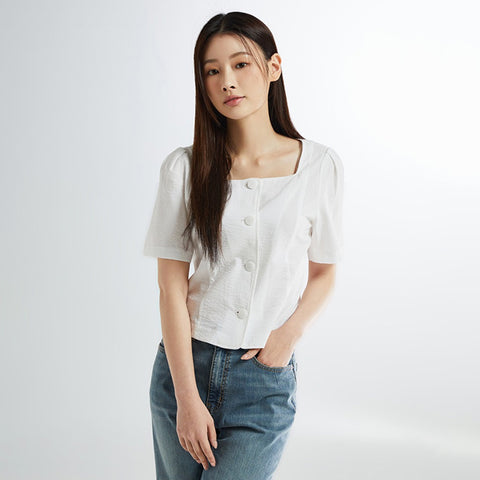 SPAO Women Short Sleeve Crop Blouse SPBWE25W03 White