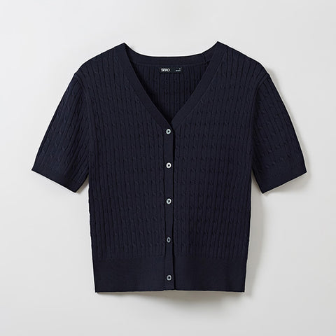 SPAO Women Short Sleeve Cable Cardigan SPCKE25G06 Navy