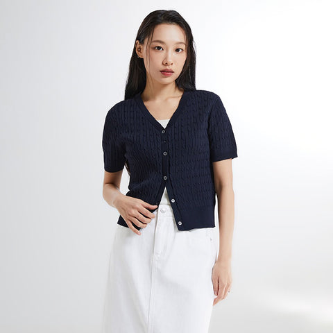 SPAO Women Short Sleeve Cable Cardigan SPCKE25G06 Navy