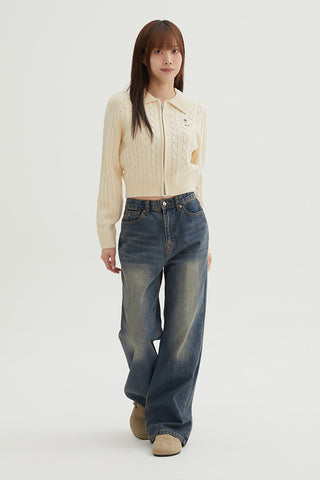 Women Long Sleeve Woodie Zip-Up Collar Cardigan
