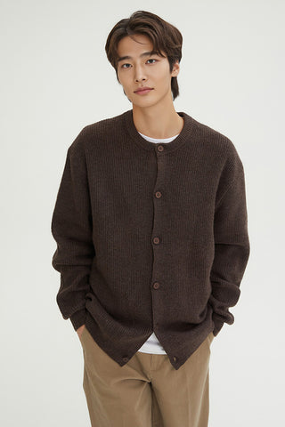 Men Long Sleeve Hachi Round Neck Cardigan - Brown