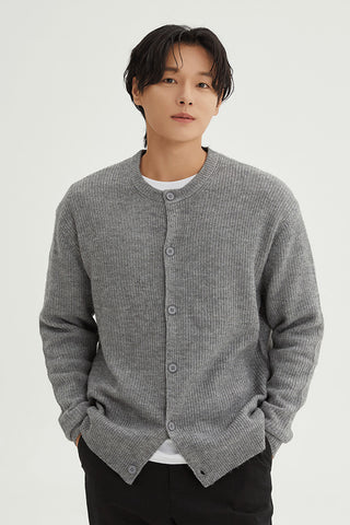 Men Long Sleeve Hachi Round Neck Cardigan - Melange Grey