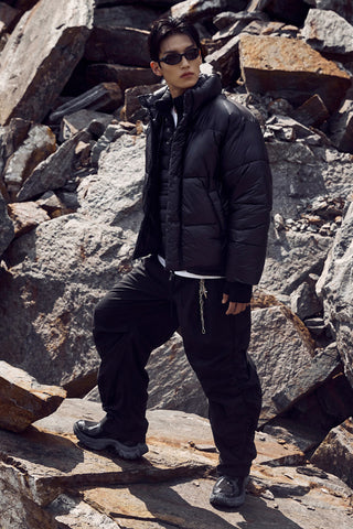 Men Long Sleeve Basic Puffer - Glossy Black