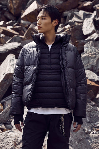 Men Long Sleeve Basic Puffer - Glossy Black