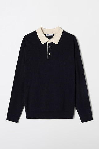 Men Long Sleeve Collar Neck Sweater - Navy