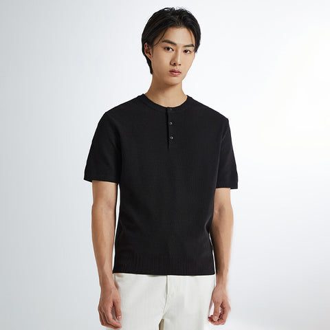 SPAO Men Short Sleeve Henry Neck Tee SPKWE24M07 Black