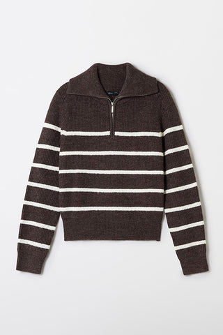Women Long Sleeve Soft Yarn Half Zip Sweater - Brown
