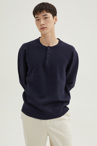 Men Long Sleeve Henley Neck Pullover - Navy