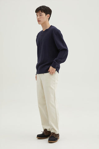 Men Long Sleeve Henley Neck Pullover - Navy