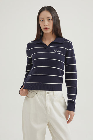 Women Long Sleeve Stripe Pullover - Navy