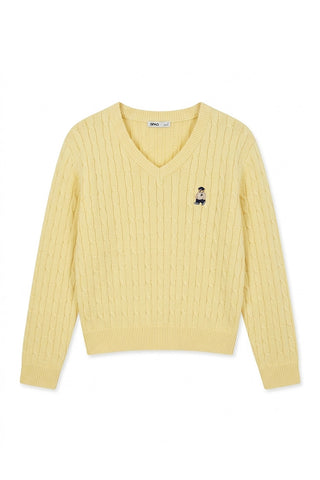 Women Long Sleeve Woodie V-Neck Cable Sweater