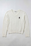 Women Long Sleeve Woodie V-Neck Cable Sweater