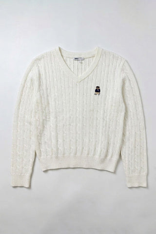 Women Long Sleeve Woodie V-Neck Cable Sweater