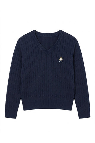 Women Long Sleeve Woodie V-Neck Cable Sweater - Navy