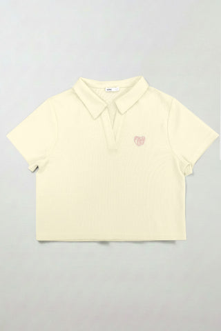 Women Short Sleeve Crop Oversized Polo Tee - Cream