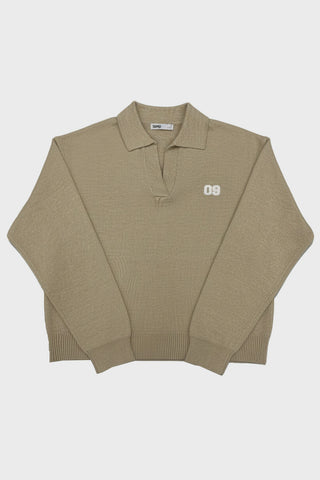 Women Long Sleeve Oversized Polo V-Neck Tee - Khaki