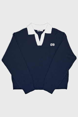 Women Long Sleeve Oversized Polo V-Neck Tee - Navy