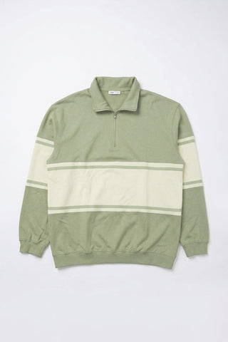 Men Long Sleeve Half Zip-Up Collar Pullover - Olive Green