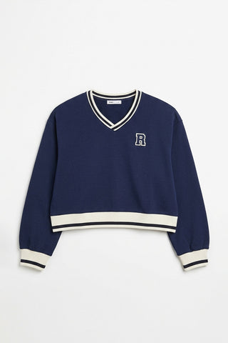 Women Long Sleeve Oversized V-Neck Sweatshirt - Navy