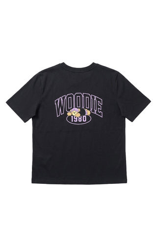 Women Short Sleeve Woodie Oversized Graphic Tee - Black