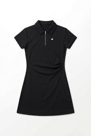 Women Short Sleeve Polo Plain Dress - Black