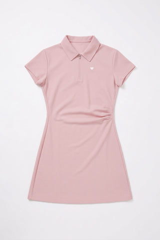Women Short Sleeve Polo Plain Dress - Pink