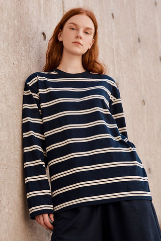 Men Long Sleeve Stripe Tee - Navy