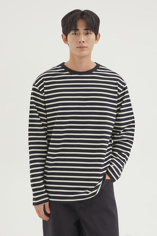 Men Long Sleeve Loose Fit Stripe Tee - Navy