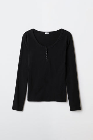 Women Long Sleeve Henley Neck Tee - Black
