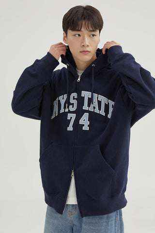 Men Long Sleeve Zip-Up Hooded Jacket - Navy