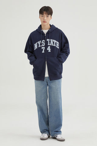 Men Long Sleeve Zip-Up Hooded Jacket - Navy