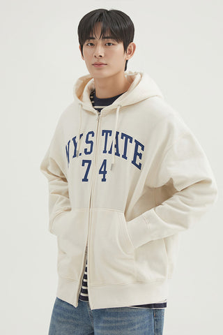 Men Long Sleeve Zip-Up Hooded Jacket - Cream